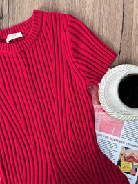 EMERSON, Short Sleeve Ribbed Knit Dress - 8S6-ChineseRed