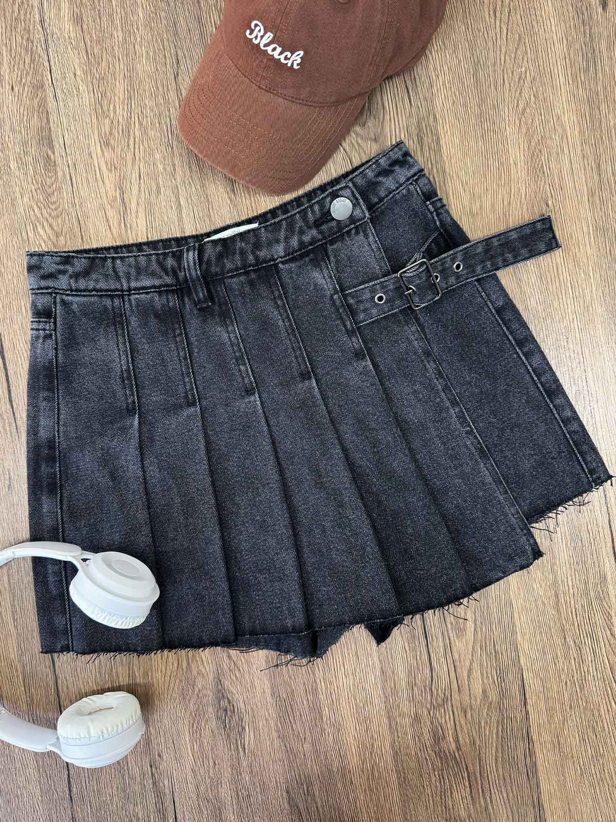ADALINE, Pleated Denim Skorts - 8S6-DarkGreyDenim