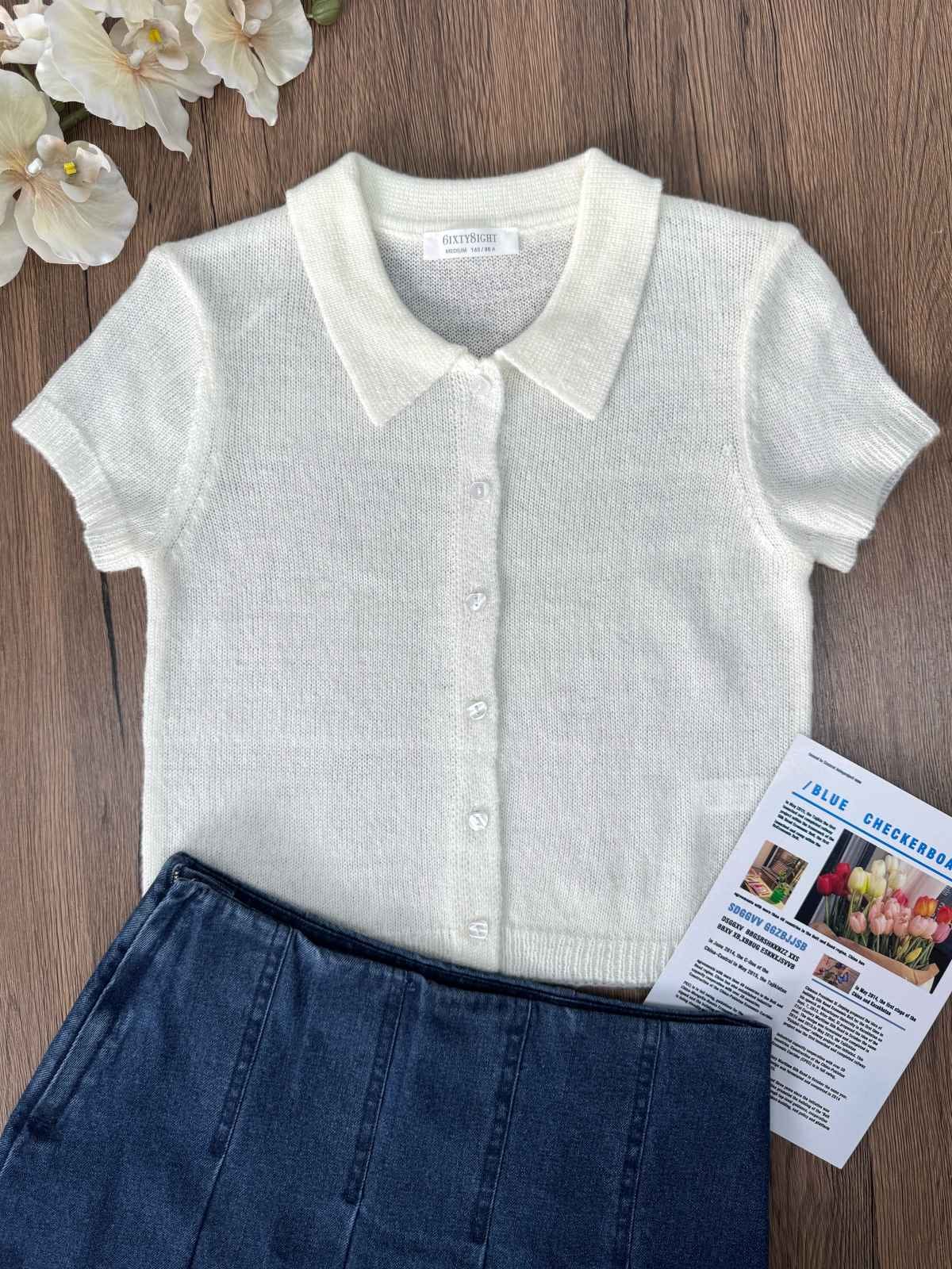 BRIELLE, Cropped Polo Knit Top - 8S6-OffWhite