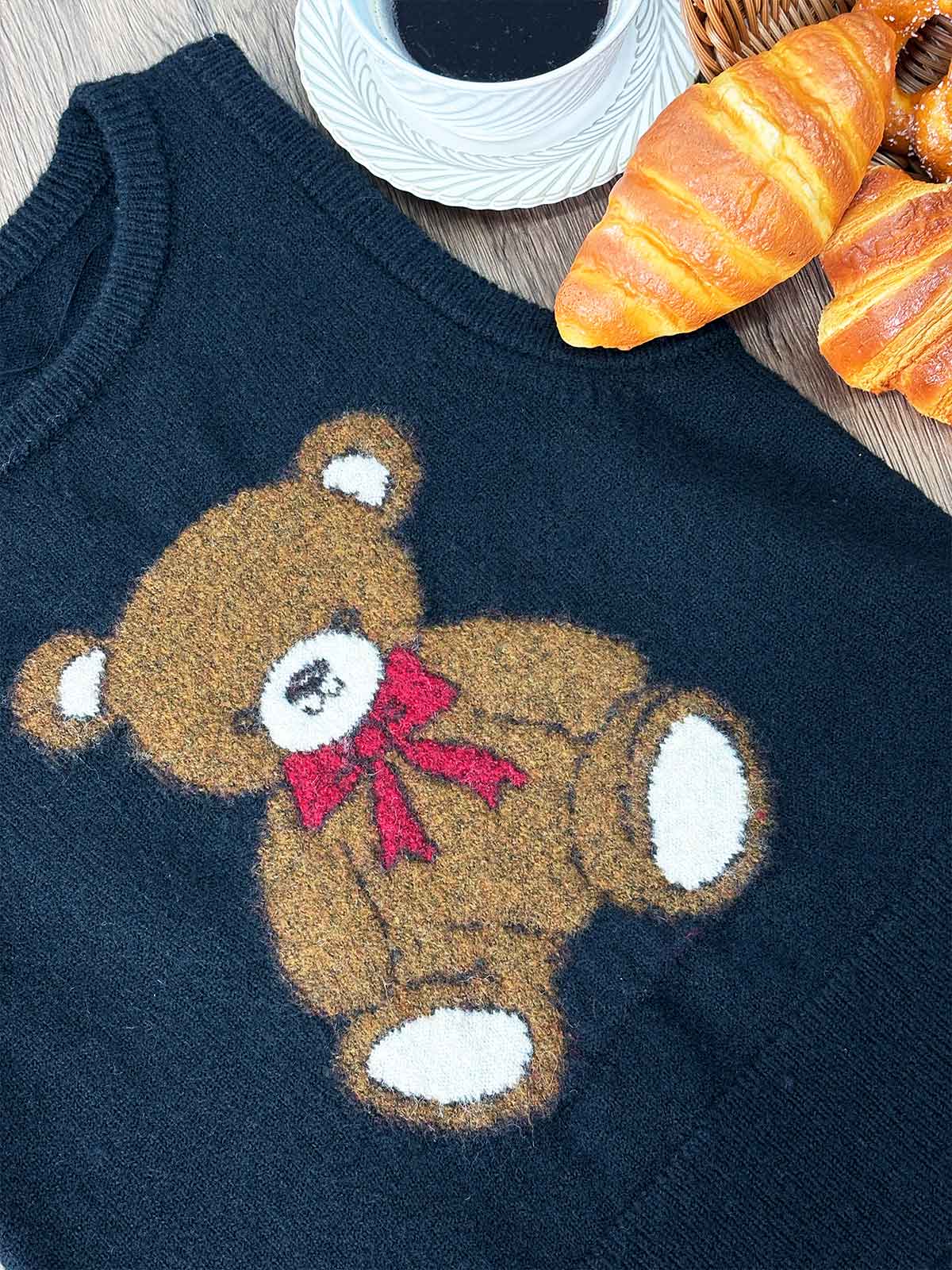 KINSEE, Teddy Bear Jacquard Knit Vest - 8S6-Black
