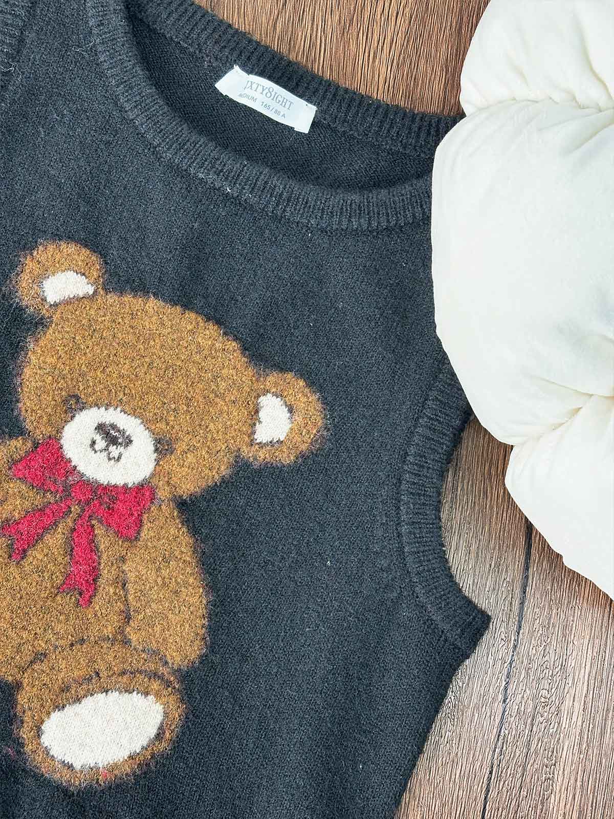 KINSEE, Teddy Bear Jacquard Knit Vest - 8S6-Black